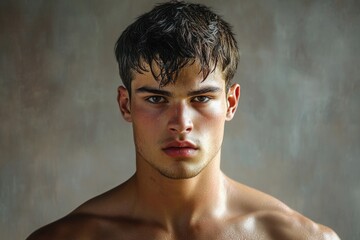 Portrait of a half-naked man in a photography studio, looking directly at the camera