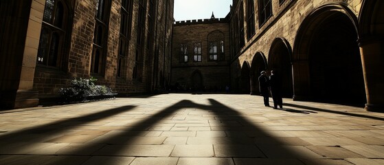 A large, empty room with a few people walking around