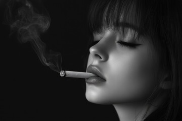 Fototapeta premium A woman relaxes by smoking a cigarette, her eyes shut in a moment of quiet contemplation