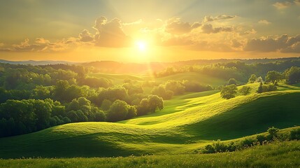 Fototapeta premium A stunning sunrise illuminates lush green hills, creating a serene and tranquil landscape filled with natural beauty.