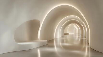 Obraz premium An Abstract Tunnel of Arched White Walls with a Bench