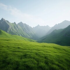 Obraz premium A serene green valley surrounded by majestic mountains under a clear sky.