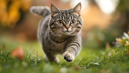 Gray tabby cat sprinting through a grassy field, focused and determined