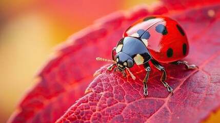 Obraz premium A close-up of a ladybug crawling on a red leaf, creating a perfect harmony of nature