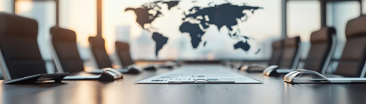 Corporate boardroom meeting with executives, world map in the background, global business strategy and international collaboration concept