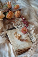 A book with flowers and pearls on a bed, perfect for a romantic getaway or a cozy reading nook