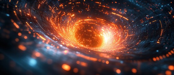 Hightech digital vortex with glowing circuits, spinning toward a central point