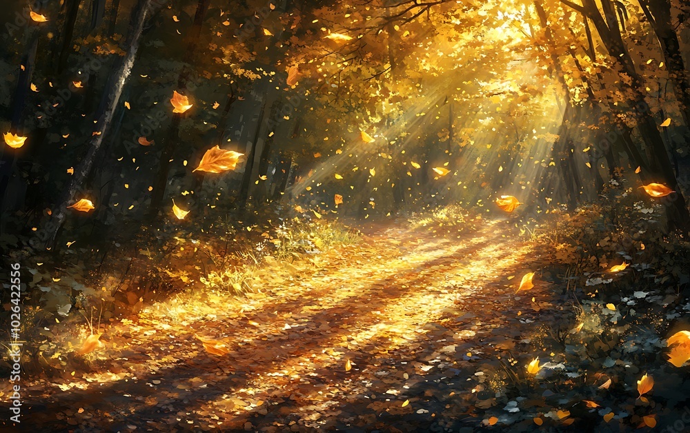 Aufkleber a serene forest path illuminated by golden sunlight filtering through autumn leaves, creating a magi