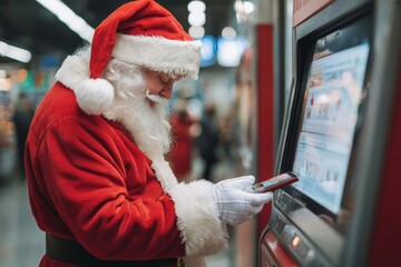 Santa Claus using a smartphone, modern setting, festive spirit.