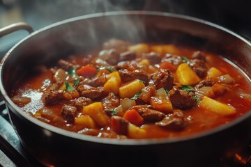 A pot of stew is cooking on the stove, ready to be served