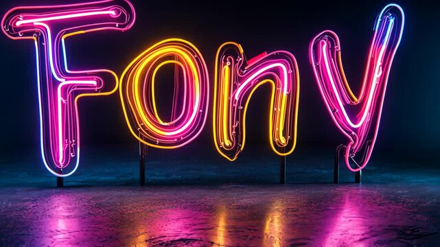 A neon sign spelling Fony illuminates a dark space, creating vibrant reflections on the wet floor
