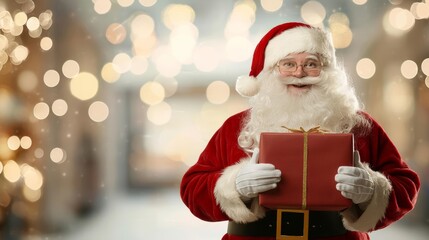 Santa Claus holding a gift, smiling in festive atmosphere with bokeh lights.