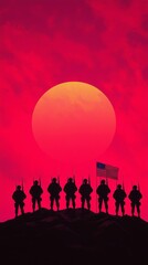 Soldiers Silhouetted by American Flag at Sunset
