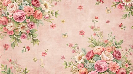 Minimalist muted pink vintage retro scrapbooking paper background with retro flower bouquets