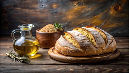 Panoramic artisan loaf bread with olive oil dish