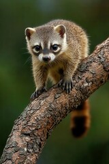 A young coati balancing on a tree branch, showcasing its agility and playful nature, [World Coati Day], [animal agility, playful wildlife], ,