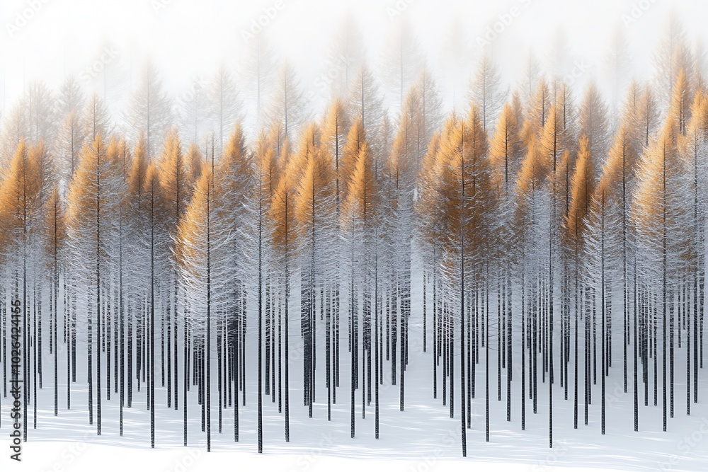 Poster In the pine forest, many tall trees covered with snow stand side by side in rows : Generative AI