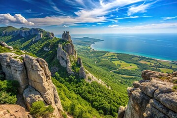 Naklejka premium Landscape view from mountaintop of Crimea showcasing rocks, valleys, and the Black Sea