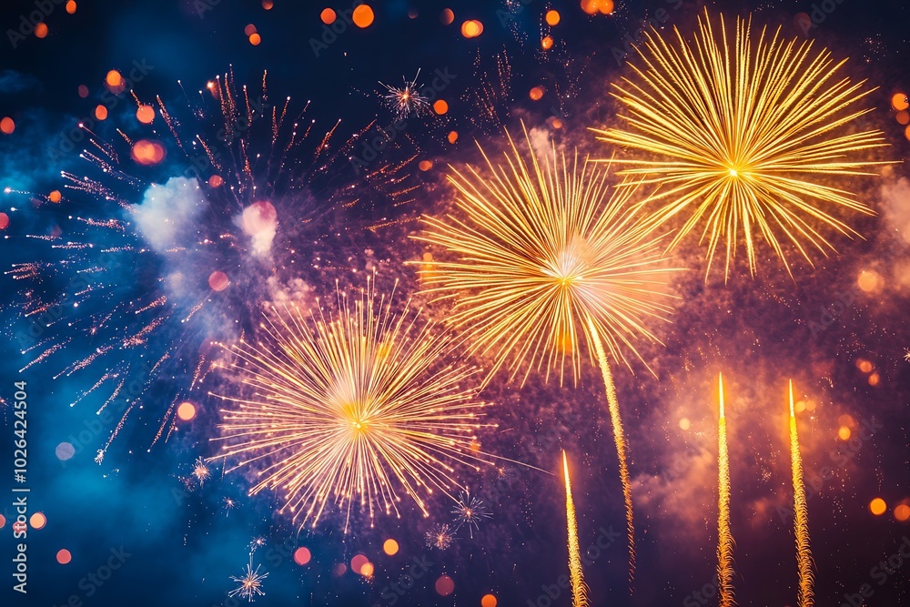 Poster fireworks display on a dark blue sky background. : generative ai
