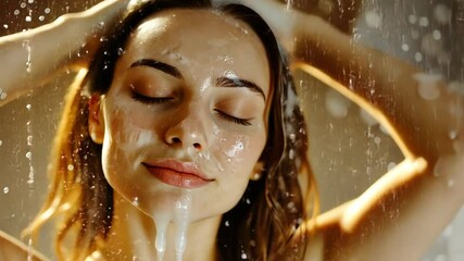 A woman with closed eyes is rinsing conditioner out of her hair in a shower