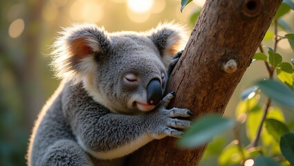 Obraz premium Adorable koala napping on tree branch with sunlight filtering through leaves