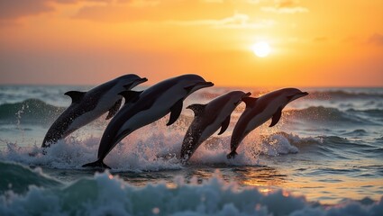 Fototapeta premium Graceful dolphins leaping in golden sunset light