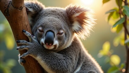 Fototapeta premium Adorable koala napping on tree branch with sunlight filtering through leaves