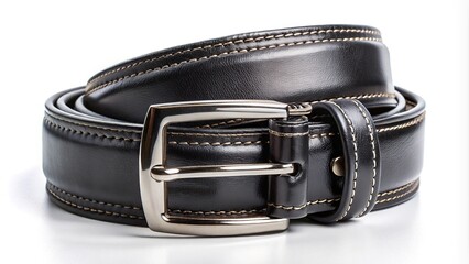 Panoramic black leather belt with stitches and big buckle on white background