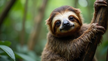 Naklejka premium Sleepy sloth hanging from tree in lush rainforest