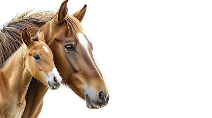 Obraz premium Mother Horse And Baby Horse Head On The White Background. : Generative AI