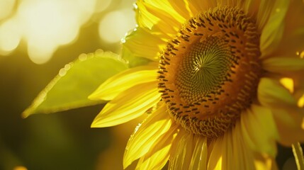 Fototapeta premium A close-up of a sunflower center, the intricate details of the yellow petals and seeds in sharp focus.