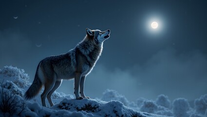 Fototapeta premium Majestic wolf howling on snowy hill under moonlight