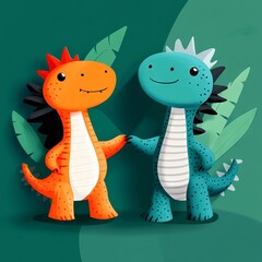 Naklejka premium Two cartoon dinosaurs holding hands against a colorful background.