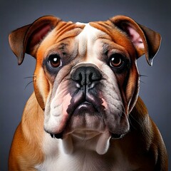 A sad Bulldog face on a gray background, reflecting themes of sadness, emotion.