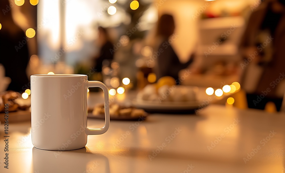 Aufkleber a close-up of a white rectangular-shaped mug on a party table : generative ai