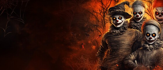 A Halloween themed poster with four creepy clowns