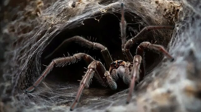 A close-up of a Sydney funnel-web spider in its web, showcasing its detailed, menacing appearance