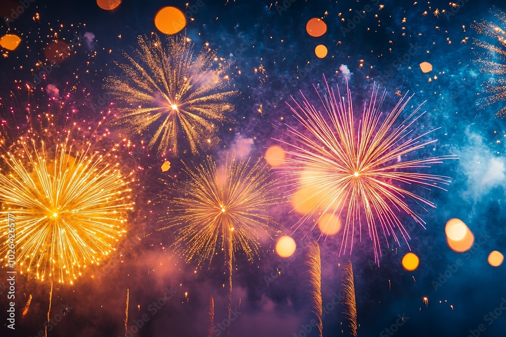 Poster fireworks display on a dark blue sky background. : generative ai