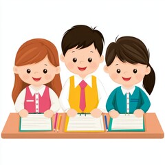Fototapeta premium Three cheerful children sitting at a desk with notebooks and pencils.