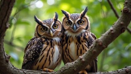 Obraz premium Curious owl pair perched on branch in lush forest