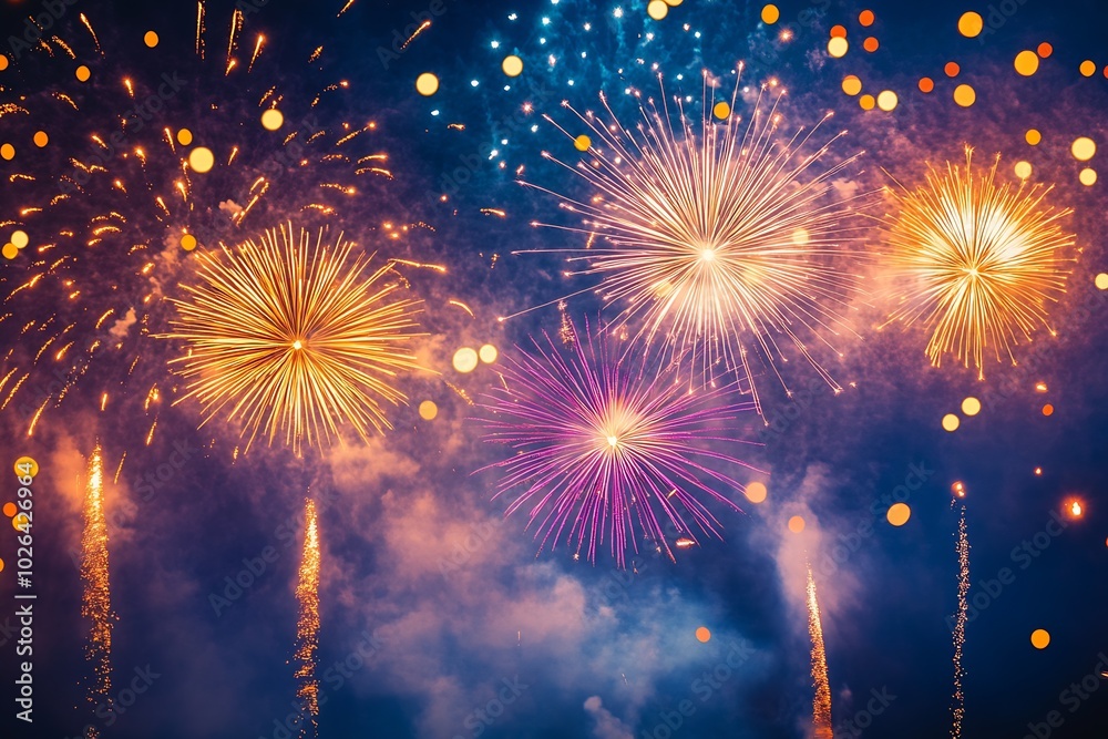 Poster Fireworks display on a dark blue sky background. : Generative AI