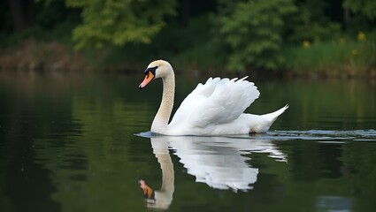 Naklejka premium Graceful white swan on calm lake with mirrored reflection and green trees