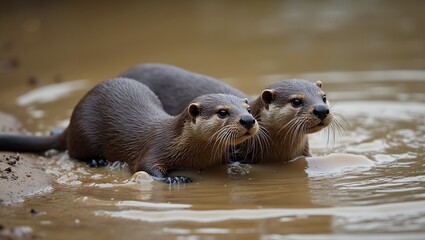 Fototapeta premium Two playful otters sliding into the water from muddy riverbank