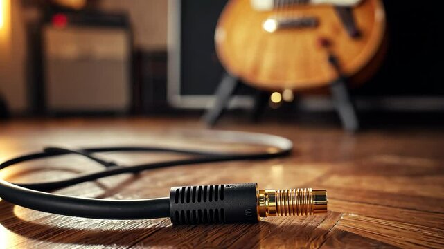 A black guitar cable lies on a wooden floor with a guitar amplifier and a guitar in the background