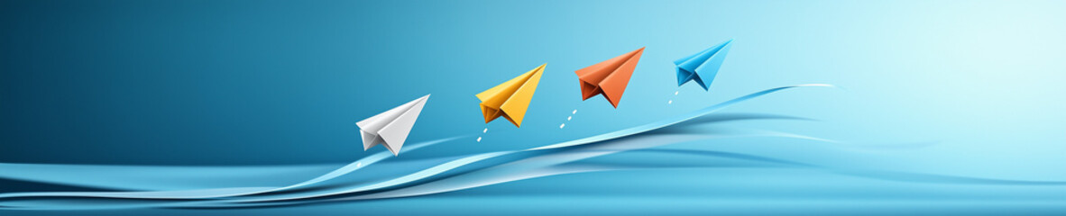colorful paper planes flying upward, 3D illustration