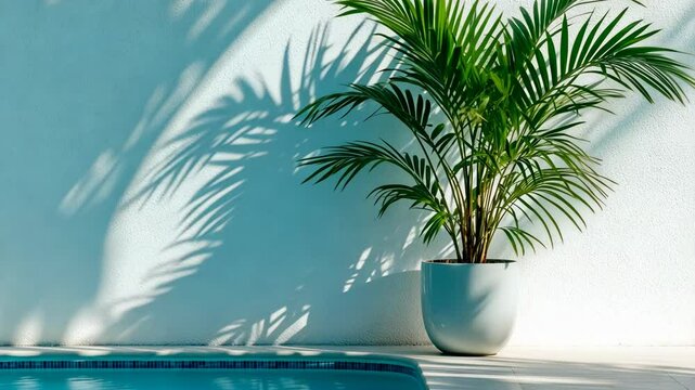 A palm tree casts a shadow on a white wall near a blue pool