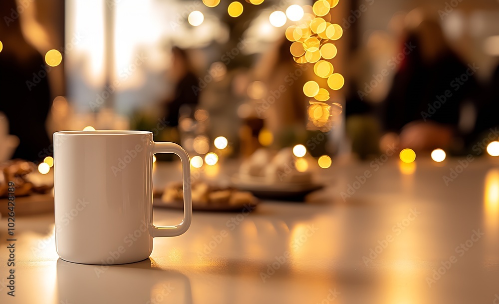 Wall mural a close-up of a white rectangular-shaped mug on a party table : generative ai