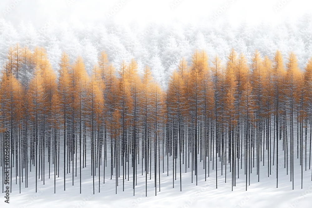Poster In the pine forest, many tall trees covered with snow stand side by side in rows : Generative AI