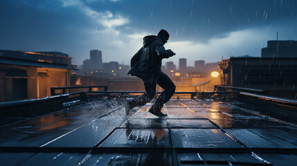 Fototapeta premium Action shot with man fighting on the roof. Dynamic martial arts scene in action movie blockbuster style.