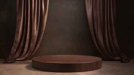 2. **Chic Beauty Display**: Illustrate a stylish 3D scene with a wood-framed podium set against a rich brown backdrop. The flying silk curtain should add a dynamic element, enhancing the elegance of